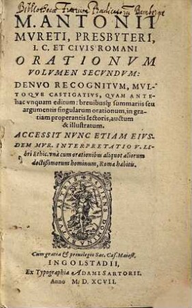 M. Antonii Mvreti, presbyteri, I.C. et civis Romani Orationvm volvmen ..., 2