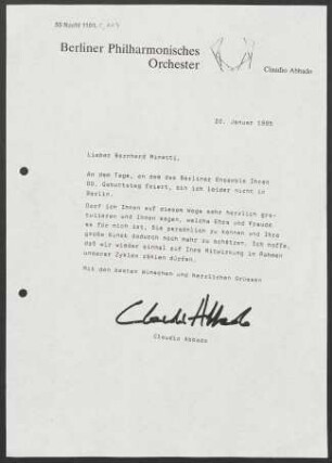 Brief an Bernhard Minetti, 20.01.1995