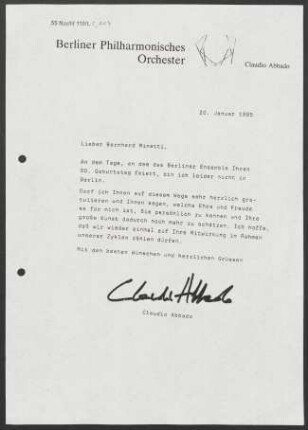 Brief an Bernhard Minetti, 20.01.1995