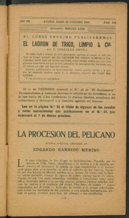 1923007276: La procesión del pelícano : novela inédita