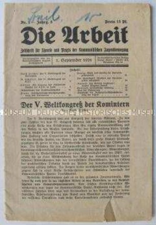 Mitteilungsblatt der Kommunistischen Jugend "Die Arbeit" u.a. über den V. Weltkongress der Komintern