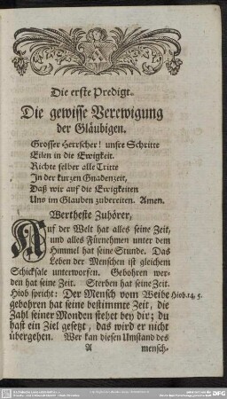 Die erste Predigt. Die gewisse Verewigung der Gläubigen