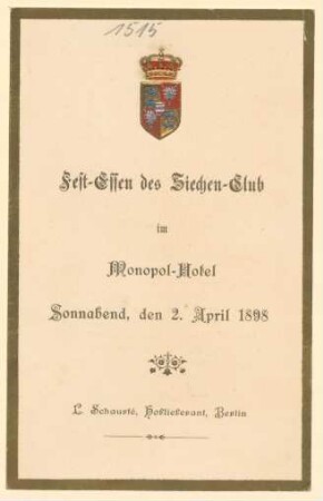 Menükarte : Festessen des Siechen-Club, Hotel Schaurtè