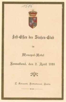 Menükarte : Festessen des Siechen-Club, Hotel Schaurtè