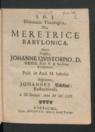 Disputatio Theologica De Meretrice Babylonica