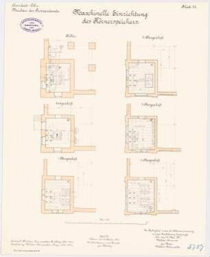 Proviantamt, Köln Maschinelle Einrichtungen: Teilgrundriss KG, EG, 1. OG, 2. OG, 3. OG, 4. OG, 1:100