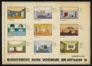 Bad Gottleuba, Klinik - Sanatorium, Rekonstruktion. Kurmittelhaus, Schwimmbad. Farbvorschläge, Ansichten, Christine Maass, Komplexbeleg TU Dresden Sektion Architektur, Dresden, 1981. Papier. 59 x 84 cm. Bez.: "Rekonstruktion Klinik - Sanatorium Bad Gottleuba. Farbvorschläge" und "9. Komplexbeleg. Lehrstuhl Gesellschaftsbauten Prof. H. Trauzettel. Betreuer: Dipl. Ing. Ferstl. Bearbeiter: Cand. Arch. Christine Maass 76/18 01 Jan. 81 Farbvorschläge. Blatt 15"