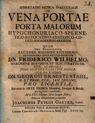 Diss. med. inaug. de vena portae porta malorum hypochondriaco-splenetico-suffocativo-hysterico-colico-hämorrhoidarium