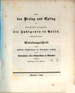 Ueber den Prolog und Epilog in Euripides' Tragödie "Die Iphigenia in Aulis"