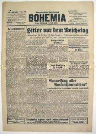 Tageszeitung für die deutsche Bevölkerung in der Tschechoslowakei "Bohemia" u.a. zur Rede Hitlers vor dem Reichstag nach der "Röhm-Affäre"