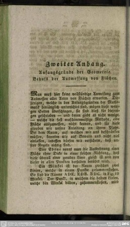 Zweiter Anhang. Anfangsgründe der Geometrie. Behufs der Ausmessung von Flächen