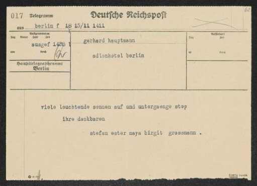 Brief von Stefan Großmann und Birgit Grossmann an Gerhart Hauptmann