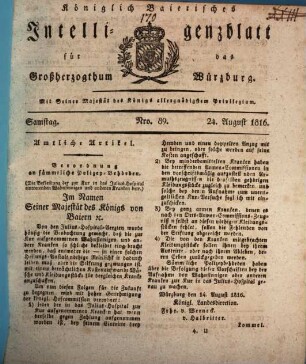 Königlich-baierisches Intelligenzblatt für das Großherzogthum Würzburg. 1816, 24. Aug. und 22. - 24. Okt.