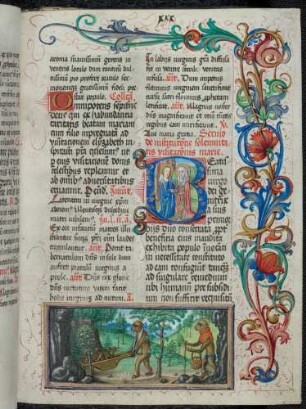 Bas-de-page-Miniatur: Affenfamlie auf Wanderschaft; historisierte Initiale: B(eatissima virgo), Heimsuchung; Rankenbordüre