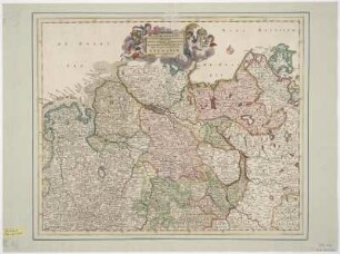Karte von Norddeutschland mit seinen Herzogtümern, 1:870 000, Kupferstich, nach 1669 : Ducatus Luneburgensis, Meklenburgensis, Brunsvicensis, Bremensis Principatus Ferdensis Emdensis Oldenburgensis Episcopatus Monastriensis te Magdenburgensis : Quae est pars Septentrionalis Germaniae / Authore Cornelus Danckers. - [Ca. 1:870.000]. - Amstelodami , [nach 1669]. - 1 Kt. : Kupferstich ; 46 x 57 cm. Ohne Maßstabsangabe. - Titelkartusche oben Mitte