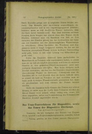 Das Uran-Tonverfahren für Diapositive, sowie das Tonen der Diapositive überhaupt