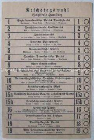 Stimmzettel zur Reichstagswahl 1928 für den Wahlkreis Hamburg