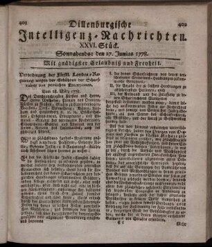 XXVI. Stück. Sonnabends: den 27. Junius 1778.