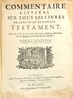 Commentaire Litteral Sur Tous Les Livres De L'Ancien Et Du Nouveau Testament, [12]. Jeremie, Et Baruch