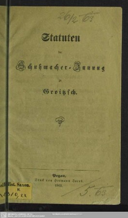 Statuten der Schuhmacher-Innung zu Groitzsch