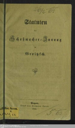 Statuten der Schuhmacher-Innung zu Groitzsch