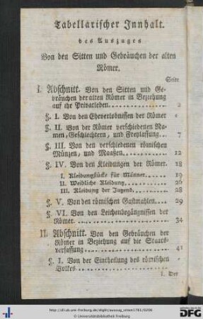 Tabellarischer Innhalt des Auszuges von den Sitten und Gebräuchen der alten Römer.