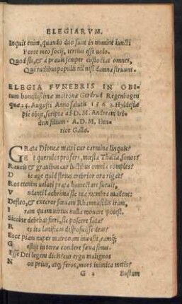 Elegia Funebris In Obitum honestißimae matronae Gerdrud Regenbogen ...
