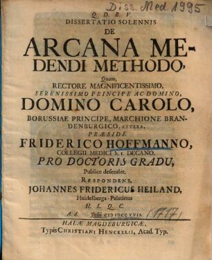 Dissertatio Solennis De Arcana Medendi Methodo