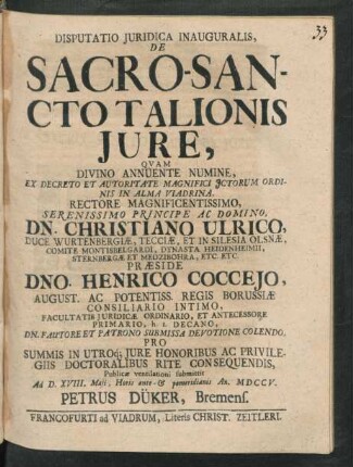 Disputatio Iuridica Inauguralis, De Sacro-Sancto Talionis Iure