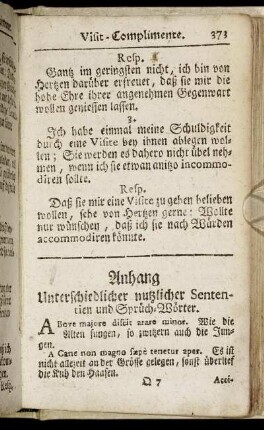 Anhang Unterschiedlicher nutzlicher Sententien und Sprüch-Wörter.