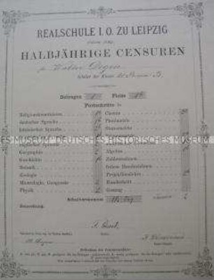 Halbjahreszeugnis der Realschule I. Ordnung zu Leipzig, Klasse: Unterprima B, für Walter Degen; Leipzig, Ostern 1880