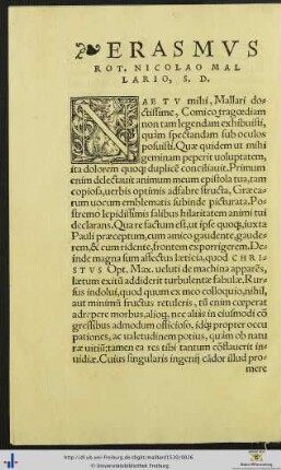 Erasmus Rot. Nicolao Mallario, Salutem Dicit