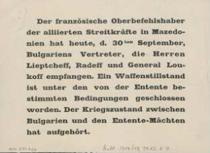Der französische Oberbefehlshaber der alliierten Streitkräfte in Mazedonien hat heute, d. 30ten September ...