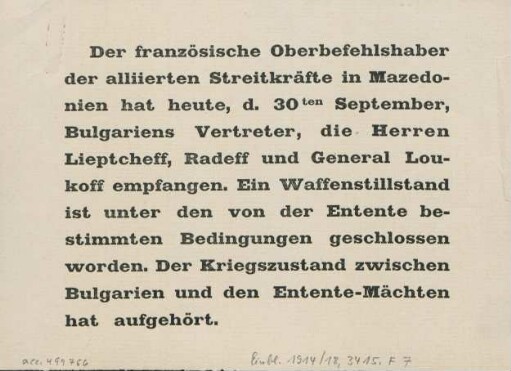 Der französische Oberbefehlshaber der alliierten Streitkräfte in Mazedonien hat heute, d. 30ten September ...