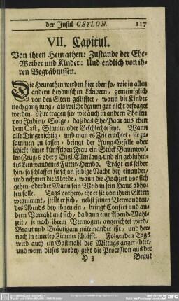 VII. Capitul. Von ihren Heurathen: Zustande der Eheweiber und Kinder: Und endlich von ihren Begräbnissen