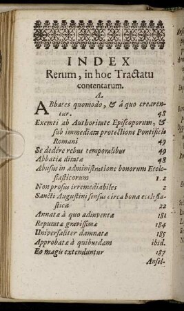 Index Rerum, in hoc Tractatu contentarum.