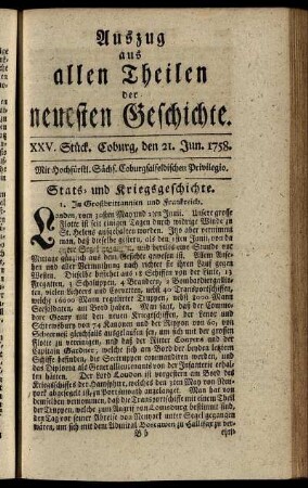 XXV. Stück. Coburg, den 21. Jun. 1758.