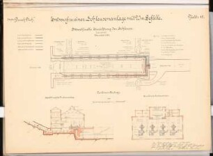 Schleusenanlage, Waren/Müritz Schinkelwettbewerb 1900: Schema maschinelle Einrichtung Turbinenanlage Grundriss Querschnitt 1:200