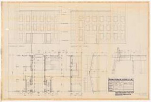 Reichsluftfahrtministerium, Berlin: Durchfahrt L5: Ansichten, Grundriss, Schnitte 1:100, Schnitt Gesims 1:10