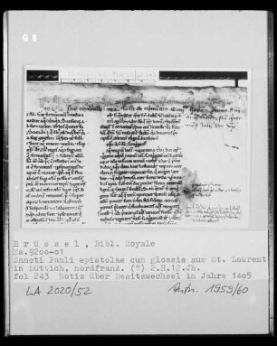 Ms 9200-01, Sancti Pauli epistolae cum glossis, fol. 243: Notiz über Besitzwechsel im Jahre 1405