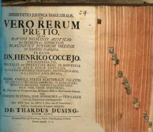 Dissertatio Juridica Inauguralis, De Vero Rerum Pretio