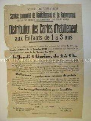 Maueranschlag für das besetzte Belgien mit der Verordnung über die Verteilung der Kleiderkarten (einsprachig)