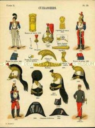 Uniformdarstellung, Kürassiere und Kürassieroffizier, Detailstudien von Helmen und Abzeichen verschiedener Kürassier-Regimenter, Frankreich, 1816/1892.