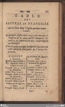 Table Des Epitres Et Evangiles qui se lisent dans l' Eglise pendant toute l' année