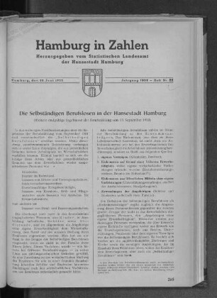 Die Selbständigen Berufslosen in der Hansestadt Hamburg : Weitere entdgültige Ergebnisse der Berufszählung vom 13.September 1950