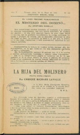1921005185: La hija del molinero : (novela inédita original)