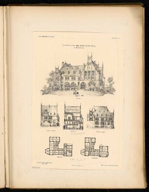 Landratsamt (Kreishaus), Rastenburg Monatskonkurrenz Januar 1894: Grundriss Erdgeschoss, Obergeschoss, Aufriss Nordansicht, Südansicht, perspektivische Ansicht; Maßstabsleiste