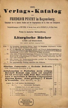 Verlags-Catalog von Friedrich Pustet in Regensburg, New York & Cincinnati. 1892