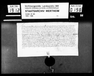 Philipp Groschlag bekennt, dass ihm die Vormünder des Grafen Michael zu Wertheim 20 Gulden Burglehen zu Breuberg verliehen haben. Inseriert ist der Lehensbrief vom gleichen Tag.