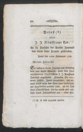 Brief über J. J. Rousseaus Tod, An die Verfasser des Pariser Journals von einem seiner Freunde geschrieben. Paris den 12ten Heumonat 1778.